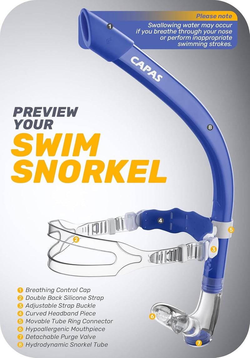 Capas Training Swim Snorkel for Lap Swimming, Swivel Headband Ultimate Fit Center-Mount Swimmers Snorkel with Liquid Silicone Mouthpiece Adjustable Strap, Designed for Adult Men Women - Image 2